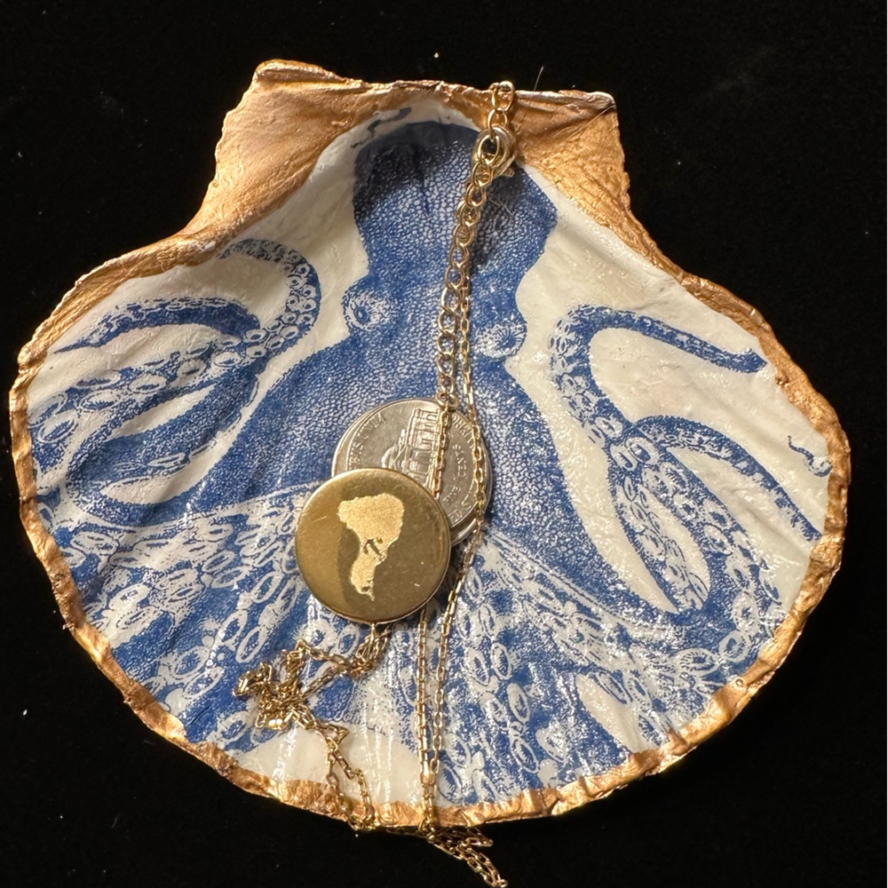 Hand crafted, decopauged, scallop shell jewelry/coin dish. Vintage Kraken print